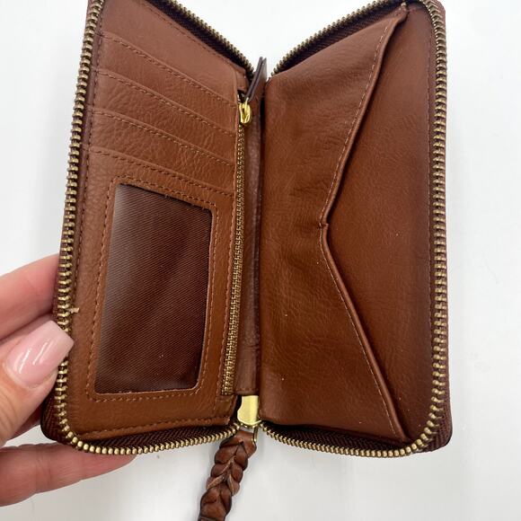 Fossil Caroline RFID Zip-Around Wallet Black Polka Dot Brown Leather Trim - Picture 4 of 7